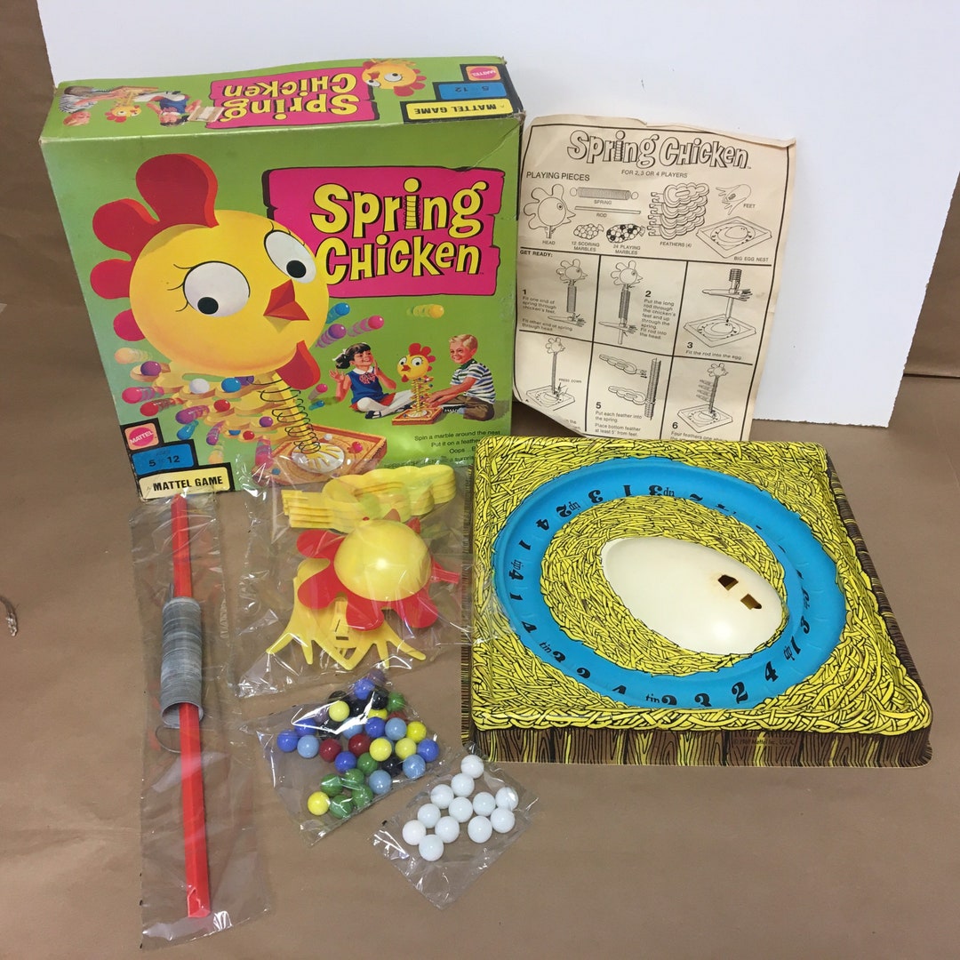 Game Time Inc. Spring Rider Chicken Vintage 1969 Mattel Spring Chicken Marble Game Complete in Original Box ...