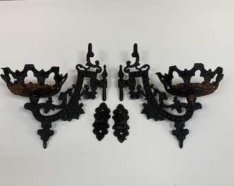 Vintage Pair Cast Iron Wall Sconce Oil Lamp Candle Holder Swing Arm With Bracket