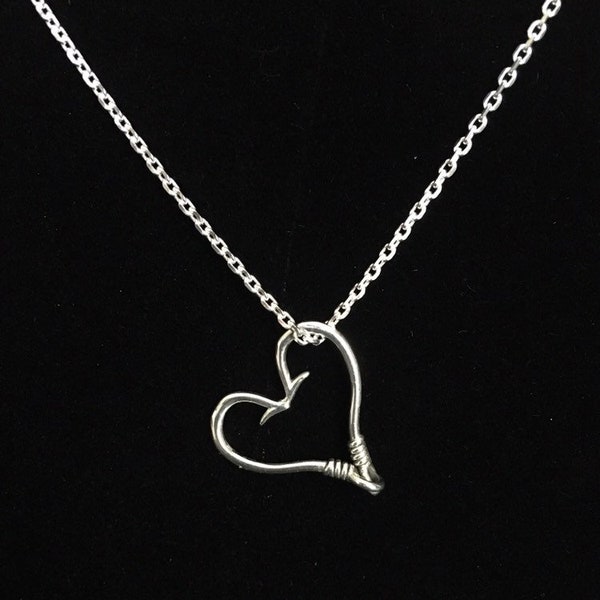 Sterling Silver Fish Hook Floating Heart Necklace