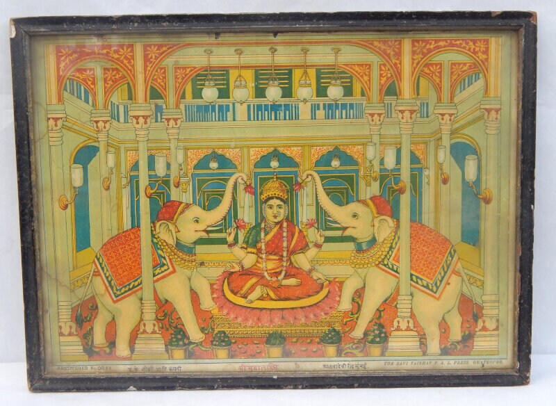 Chromolitographie Lakshmi Puja Elephants Print Oleograph Inde 37, 5x27, 5cm