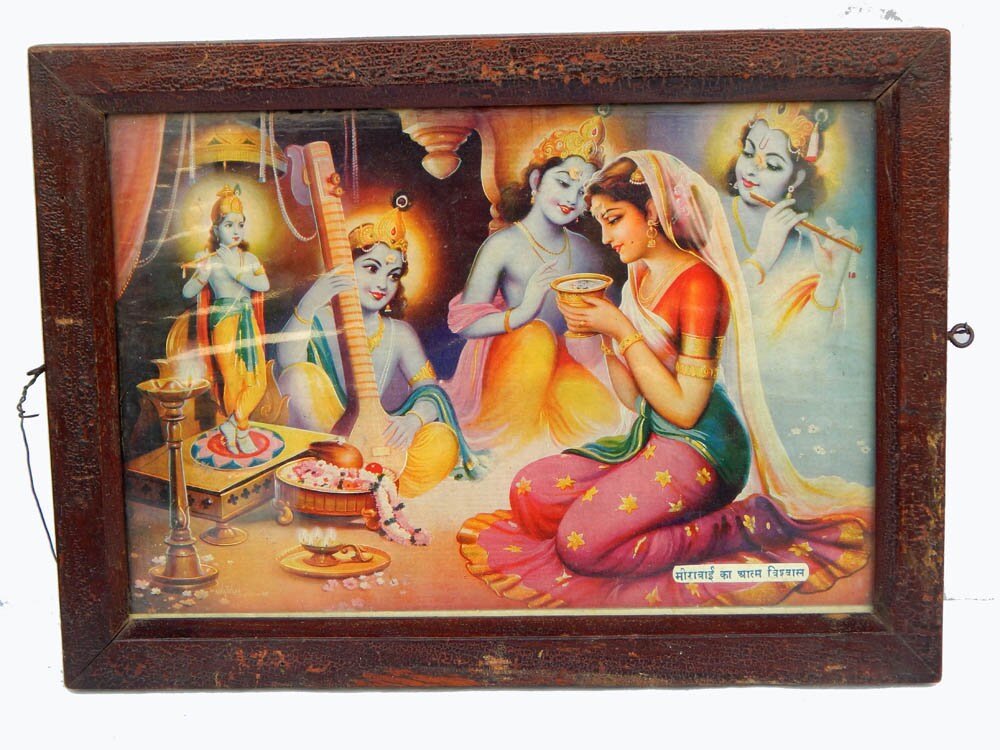 Chromolithographie Puja A Krishna Ancienne Affiche Print Oleograph Inde 38x28cm