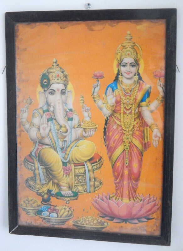 Chromolithographie Ganesh Lakshmi Ancienne Affiche Print Oleograph Inde 36x49cm