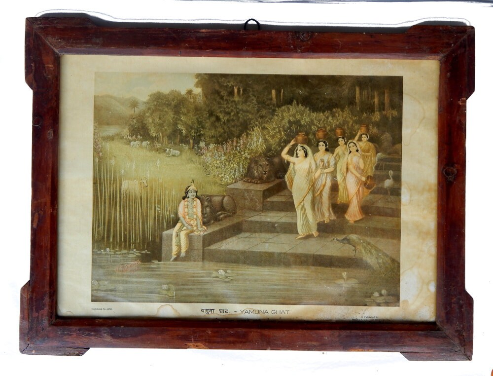 Chromolithographie Ancienne Yamuna Ghat 56x41cm 1, 6Kg Oleograph Inde