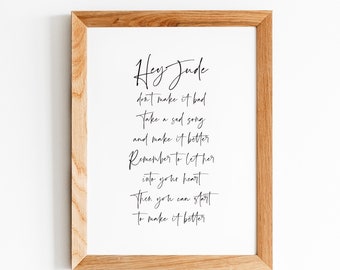 The Beatles Hey Jude Alternative Printable Wall Art. Song Lyrics. Home Decor. Gallery Wall