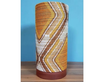 Hand-Turned Solid Wood Lamp with 70s Fabric Lampshade, Retro, Geometric, Yellow, Brown, Vintage