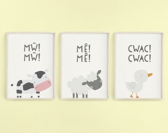 Print 'Mw Mw, Me Me, Cwac Cwac', Anifeiliaid Fferm, Welsh Print, Print Cymraeg i Blant