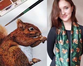 Squirrel Scarf - Faux Silk Squirrel Scarf - Squirrel Gifts - Squirrel Gift Ideas - Squirrel Art - Squirrel Scarf for sale - Red Squirrel