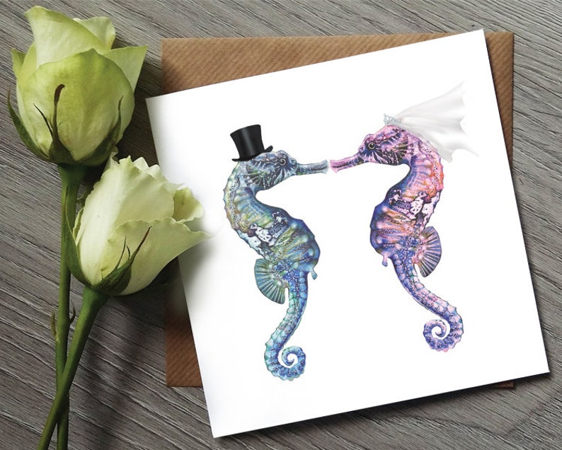 Funny Wedding cards Seahorse Wedding Card Wedding Gifts Wedding Funny Cards Seahorse Watercolour Seahorse Print Wedding Card Mr & Mrs