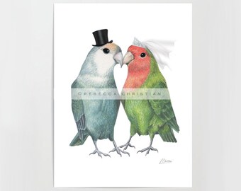 Lovebird Wedding Art Print - Love Birds - Bird Wedding - Lovebirds Painting - Wedding Gifts for Couple - Cute Wedding Gift - Love birds