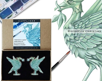 Liverpool Liver Bird Cufflinks: Watercolor Art