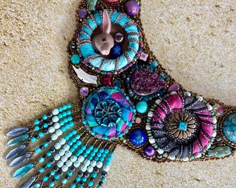 Whimsical Boho Statement Necklace, Handmade Beaded Bib Necklace, Textile Art Jewelry, Turquoise & Magenta, Rabbit Pendant