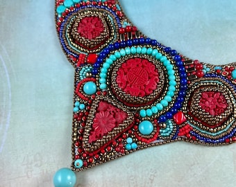 Handmade Beaded Necklace, Coral Cabochons, Czech & Japanese Beads