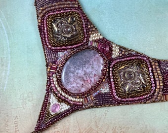 Handmade Bead Embroidered Necklace, Pink Cream Bronze Jewelry