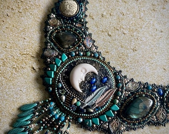 Moon Statement Necklace, Celestial Beaded Necklace, Labradorite and Turquoise Necklace, Crescent Moon Jewelry, One of a Kind Bead Embroidery