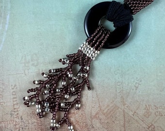 Handmade Beaded Pendant Necklace, Woven Beadwork, Silk Ribbon
