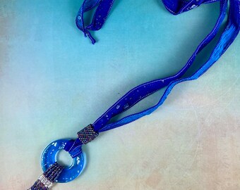 Handmade Beaded Pendant Necklace, Silk Ribbon