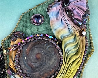 Handmade Bead Embroidery Pendant Necklace • OOAK Art Jewelry • Textile Boho Necklace • Artisan Cabochon Pendant with Fringe
