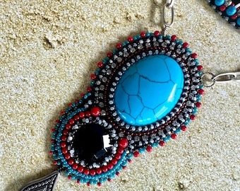 Nomad – Dyed Turquoise Blue Statement Necklace, Red and Black Bead Embroidered Southwestern Jewelry