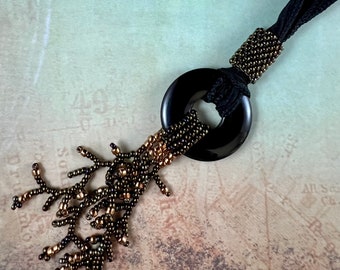 Handmade Beaded Pendant Necklace, Silk Ribbon