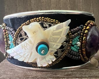 Handcrafted Mother of Pearl Bird Cuff Bracelet | Bead Embroidered Purple Stone Statement Cuff | One-of-a-Kind Artisan Jewelry | Boho Southwe