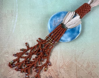 Handmade Beaded Pendant Necklace, Silk Ribbon