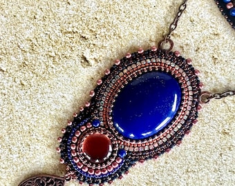 Handmade Seed Bead Necklace, Cobalt Blue Cabochon, Copper Accents, Artisan Jewelry