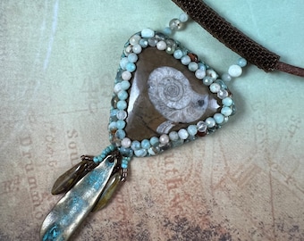 Beaded Ammonite Pendant Necklace, Leather Cord