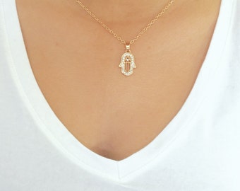 SALE...  Hamsa Hand Necklace, Charm, CZ Pendant Necklace