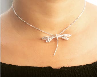 Silver Dragonfly Necklace / Dragon jewelry