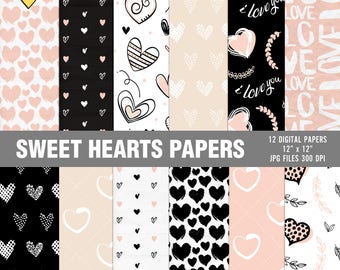 Heart digital papers, Valentine's digital paper, Love digital paper, Valentine's day hearts, Pink and black digital papers, Scrapbook papers