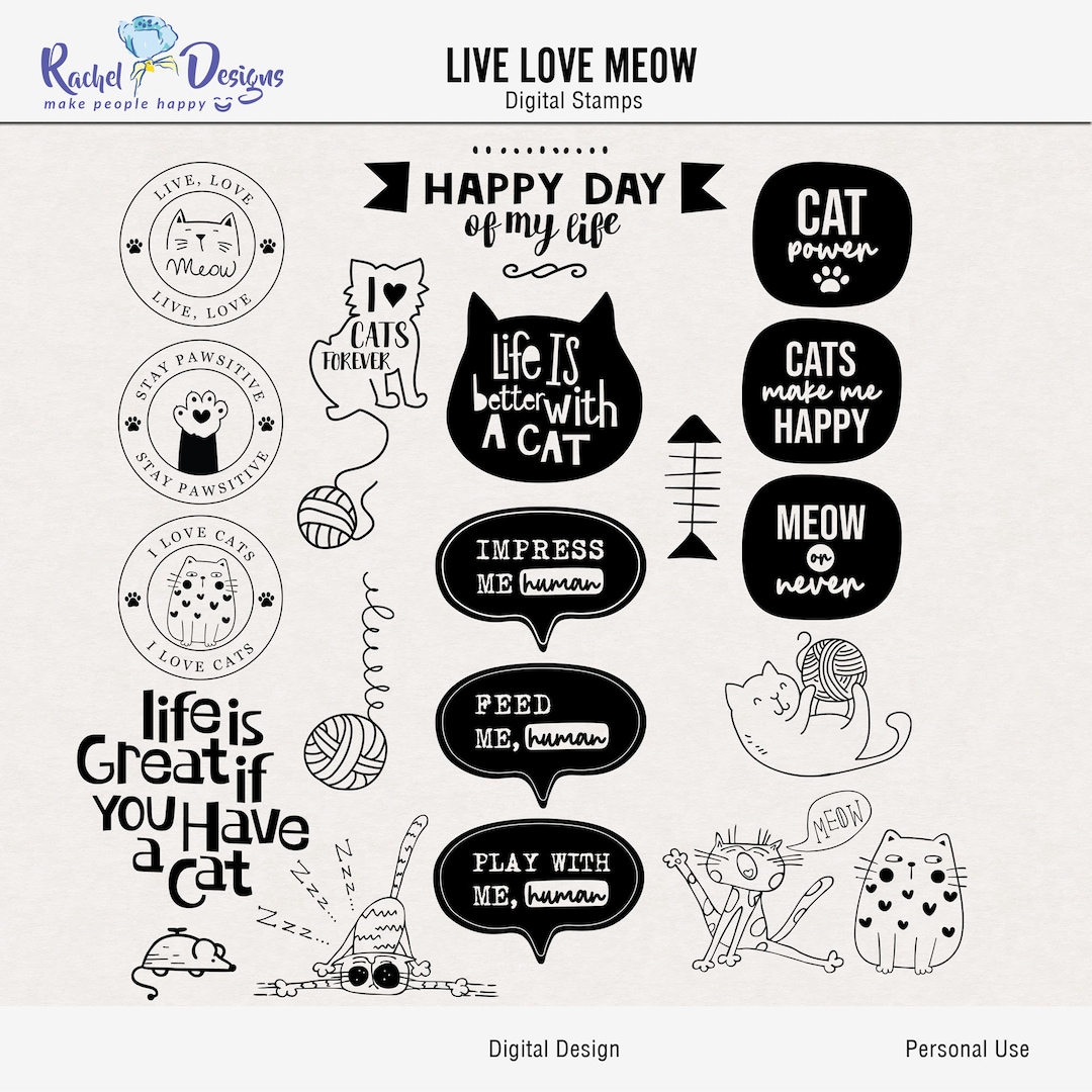 Live Love Meow Digital Stamps and Brushes Digital Cats Craft Etsy