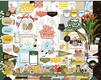 July vibes digital scrapbooking kit, Outdoor printable pattern papers, July digital craft papers, Digital July camping mix media elements