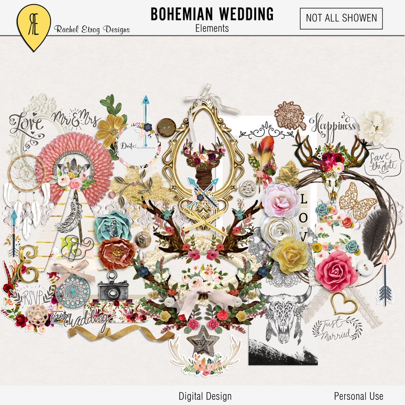 Digital Scrapbooking Kits Wedding, Digital Wedding Elements, Boho