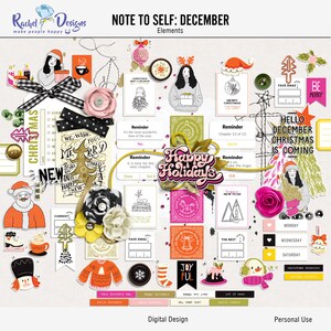 Opmerking voor jezelf Digitale scrapbookingelementen van december, afdrukbare kerstelementen, hybride elementen van december, digitale mixmedia-elementen