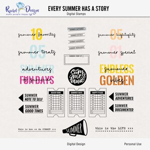 Może przedstawiać: Cyfrowe stemple z motywem letnim. Stemple zawierają kolorowy tekst i grafikę, w tym "Summer Favorites", "Summer Treats", "Adventures of Summer Fun Days", "Summer Mood", "Endless Summer Vibes", "Summer Note to Self", "Summer Good Times", "Beach Bum", "Summer Days", "Happy Place", "Summer Adventures" i "Summer Documented".