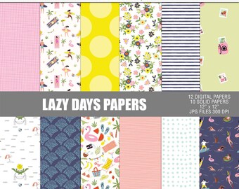 Lazy days digital paper pack, Summer digital scrapbooking papers, Summer printable craft papers, Summer digital beach papers
