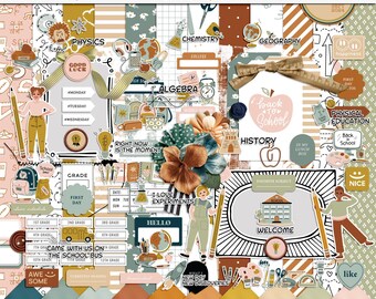 Welcome back digital scrapbooking kit, Digital school elements and papers, School printable patterns, School digital mix media elements