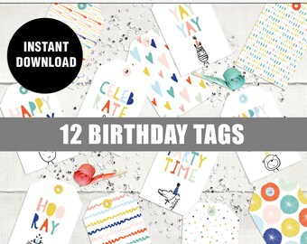 Printable birthday tags, Digital birthday tags, Scandinavian style b-day tags, Digital b-day colorful tags, Cute printable b-day gift tags