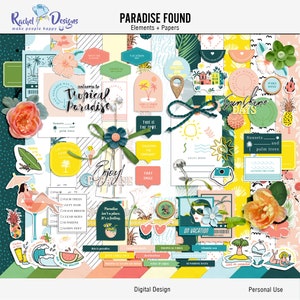 Paradise found digital scrapbook kit, Digital summer elements and papers, Printable tropical patterns, Summer digital mix media elements