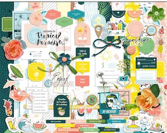Paradise gefunden, digitales Scrapbook-Kit, digitale Sommerelemente und -papiere, druckbare tropische Muster, Sommer-Digital-Mix-Media-Elemente
