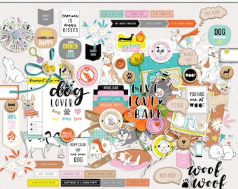 Éléments de scrapbooking numérique Live Love Bark, éléments imprimables chiens, éléments thème chiens hybrides, éléments chiens numériques mix médias