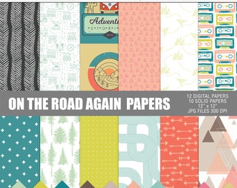 On the road again digital papers pack, Road trip digital scrapbooking papers, Printable travel papers, Road trip digital printable patterns