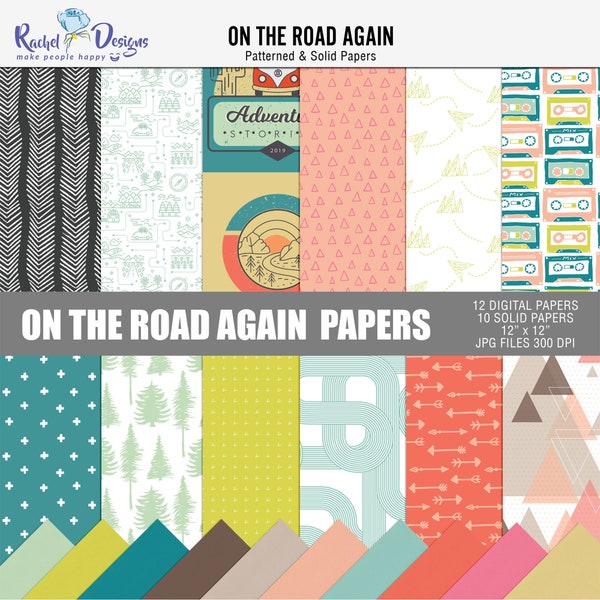 On the road again digital papers pack, Road trip digital scrapbooking papers, Printable travel papers, Road trip digital printable patterns