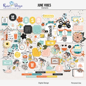 Könnte beinhalten: Ein digitales Scrapbooking-Set mit Sommerthema. Das Set enthält Bilder von Strandszenen, Sommeraktivitäten und niedlichen Illustrationen. Der Text "June Vibes" und "Elements" ist im Bild enthalten.