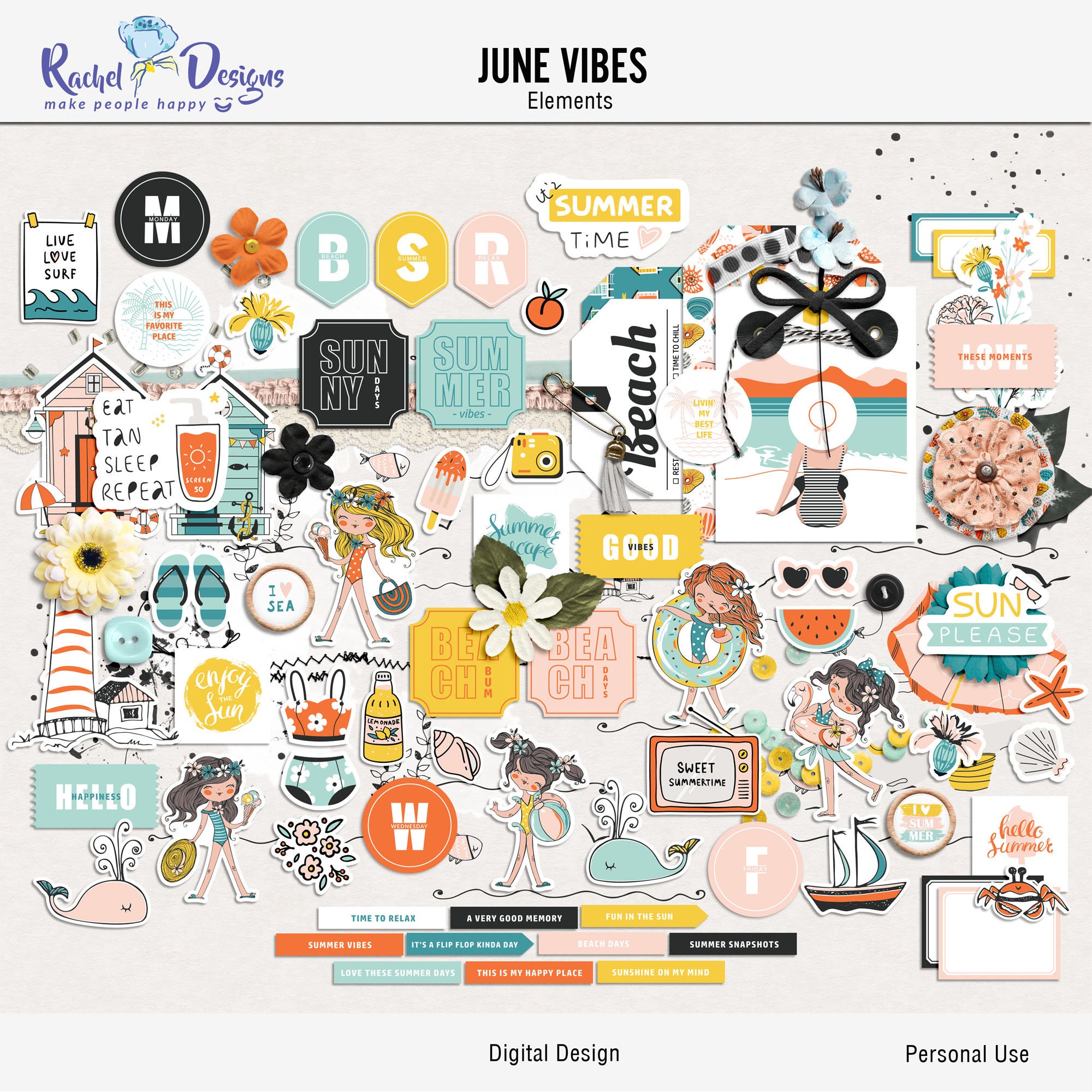 June Vibes digital scrapbooking elements, Summer printable elements, Beach hybrid elements, Mix media digital summer elements, Sea elements