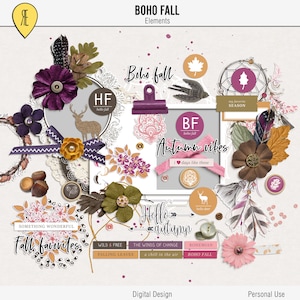 May include: Digital design elements for fall featuring a variety of illustrations, including leaves, flowers, feathers, and a deer. The text "Boho Fall" is featured in the title, along with the phrase "Autumn vibes" and "Hello Autumn".