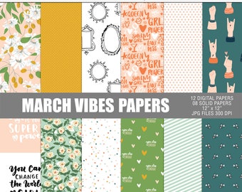 March vibes digital paper pack, Woman digital craft papers, Digital scrapbooking paper pack, Women's day printable craft papers