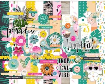 Tropical Vibes digitales Scrapbooking Kit, Digitale tropische Scrapbooking Elemente, druckbares tropisches Papier, druckbare Tropische Muster