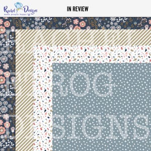 May include: Four digital paper patterns in a blue, white, and pink color scheme. The patterns include a floral design, a striped pattern, a terrazzo design, and a pattern with small white crosses on a blue background. The text "IN REVIEW" is at the top of the image.