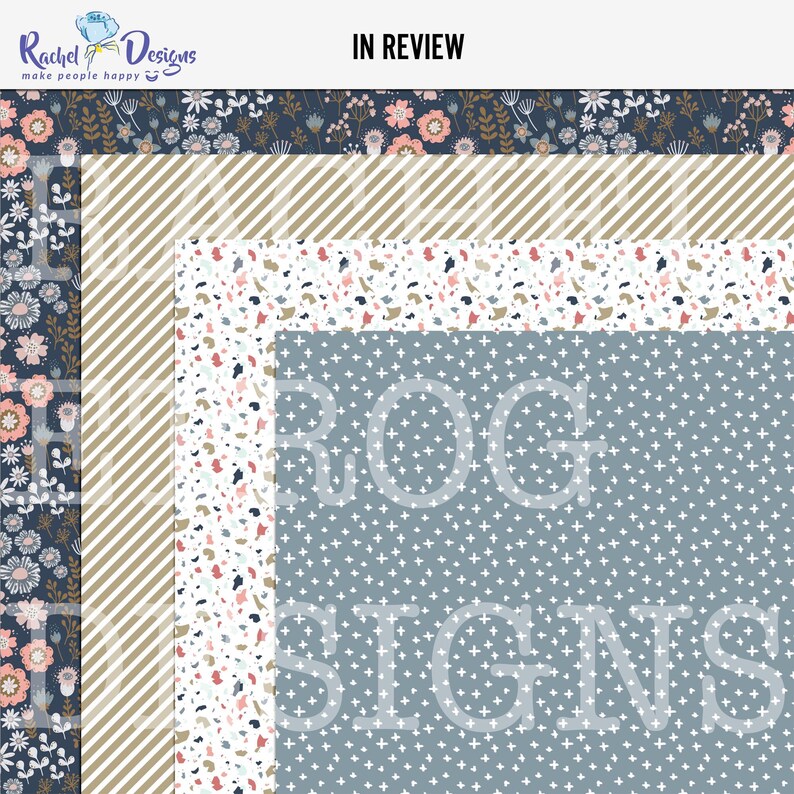 May include: Four digital paper patterns in a blue, white, and pink color scheme. The patterns include a floral design, a striped pattern, a terrazzo design, and a pattern with small white crosses on a blue background. The text "IN REVIEW" is at the top of the image.
